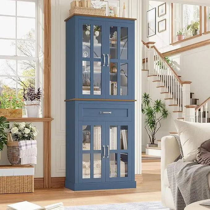 Free Standing 71'' Tall Cabinet with Glass Doors and Drawer