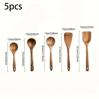5pcs Wooden Utensil Set with Hanging Holes, for Scratch Free Cooking