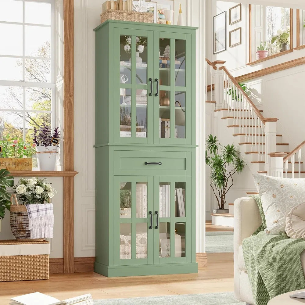 Free Standing 71'' Tall Cabinet with Glass Doors and Drawer