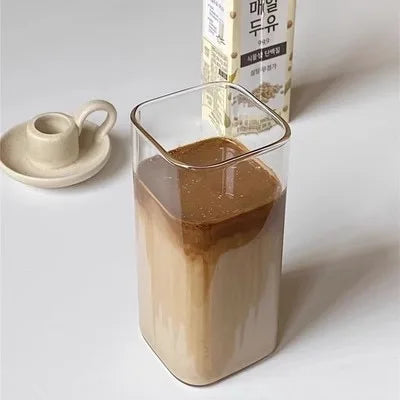 Square Heat-Resistant Coffee Cup with Lid and Straw