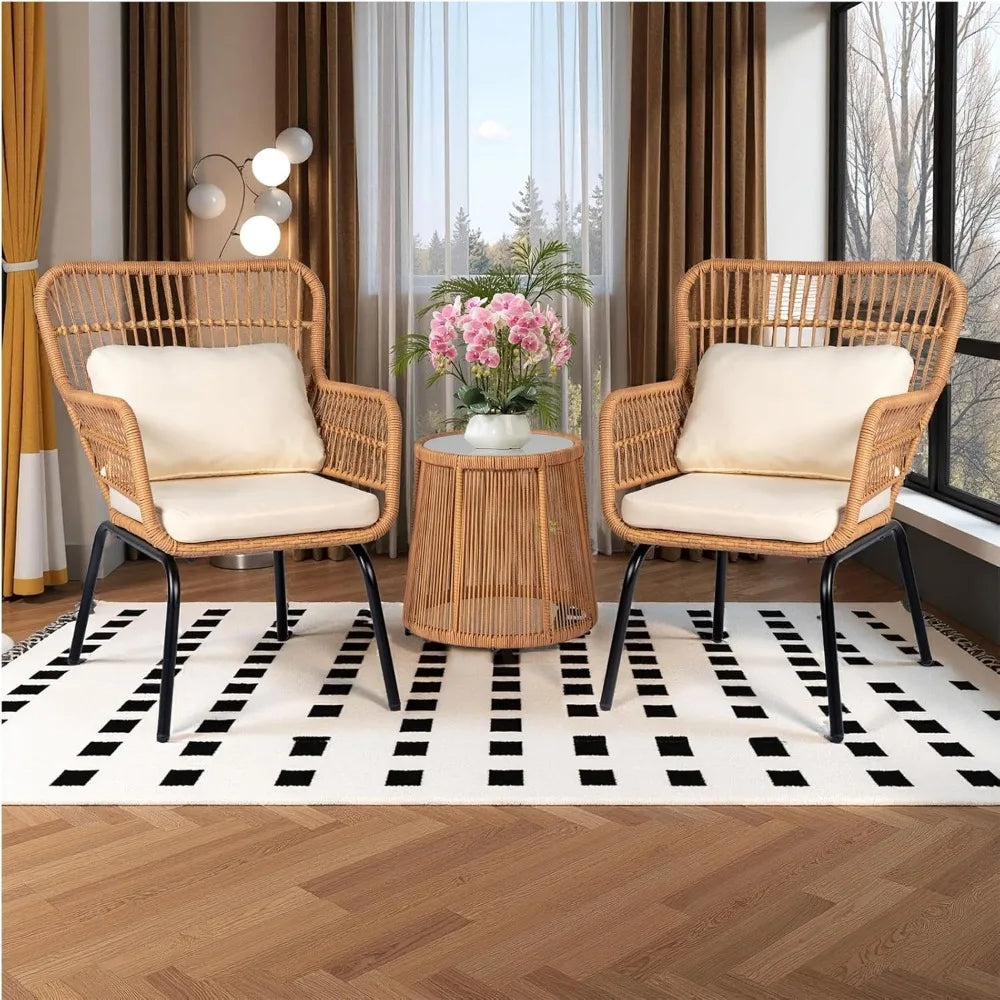 Two Large Rattan Chairs and Tempered Glass Table Set