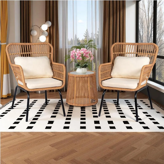 Two Large Rattan Chairs and Tempered Glass Table Set